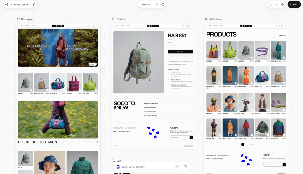 Shopify Canvas showing the VESNA homepage, a backpack product page and a collection grid side by side, with the Work with Sidekick field at the bottom.
