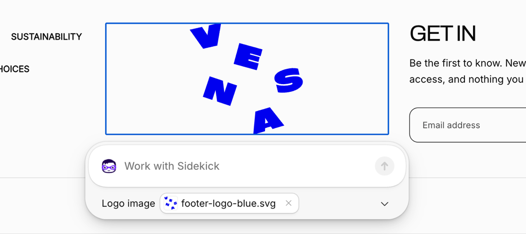 A selected VESNA footer logo outlined in blue, with the Work with Sidekick prompt field and logo-image setting underneath.