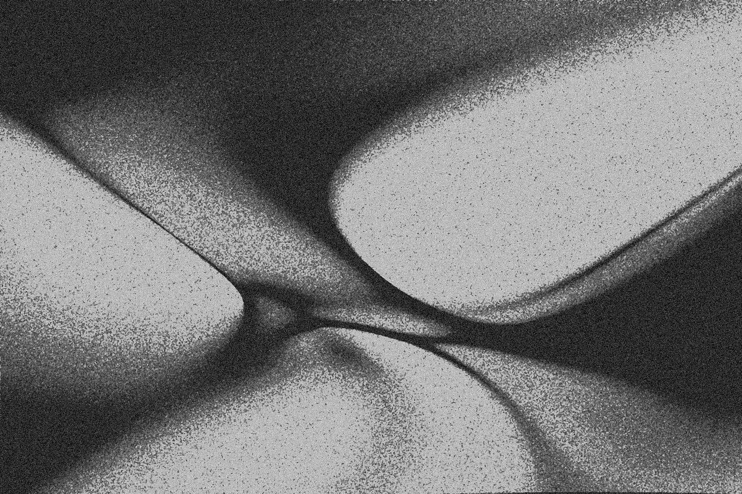 Abstract black and white artwork with rounded, interlocking forms and a fine grain texture.