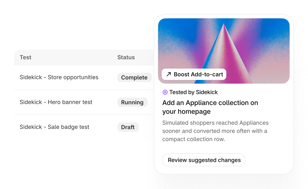 Shopify illustration of a Pulse card labeled Tested by Sidekick, with a Review suggested changes button beside a list of test statuses.